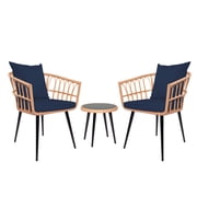 3 Piece Dark Blue Outdoor PE Rattan Conversation Chair Set,Patio Bistro Set with Side Table, Cushions & Lumbar Pillows for Garden,Backyard,Balcony or Poolside,Furniture of Coffee Table with Glass Top