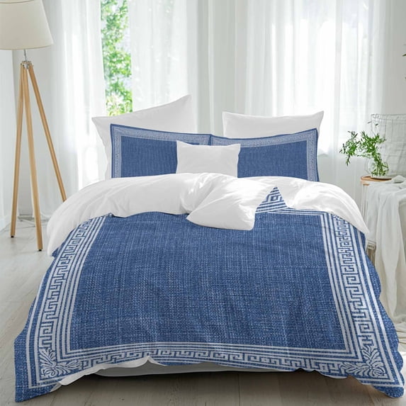 3 Piece Dark Blue Retro Greek Key Duvet Cover Set Queen Size,Microfiber Comforter/Quilt Cover with Corner Ties and 2 Pillowcases,Geometric Greece Ancient Rustic All Season Bedding with Zipper Closure
