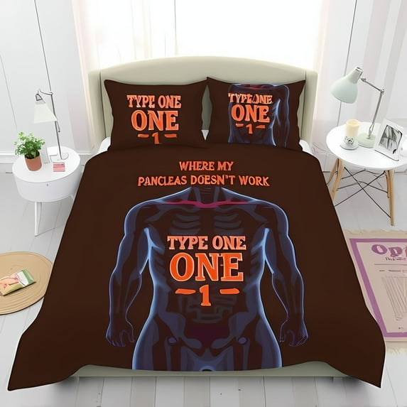 3-Piece Dark Brown Duvet Cover Set with Anatomical Torso Illustration & Bold " TYPE ONE ONE -1- " Text