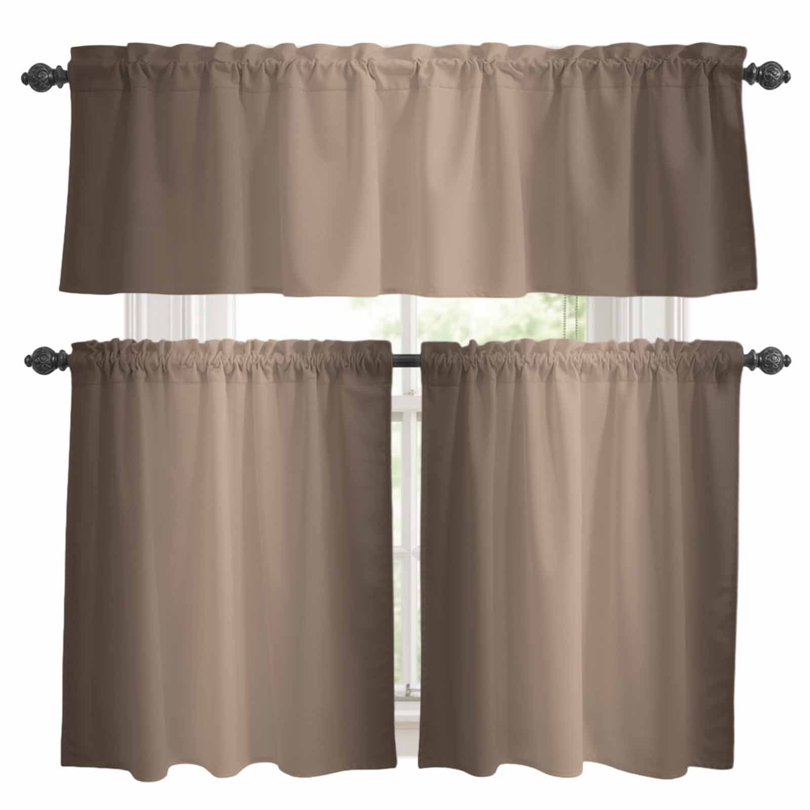3 Piece Dark Brown Kitchen Curtain Valance and Tiers Set Ombre Solid ...