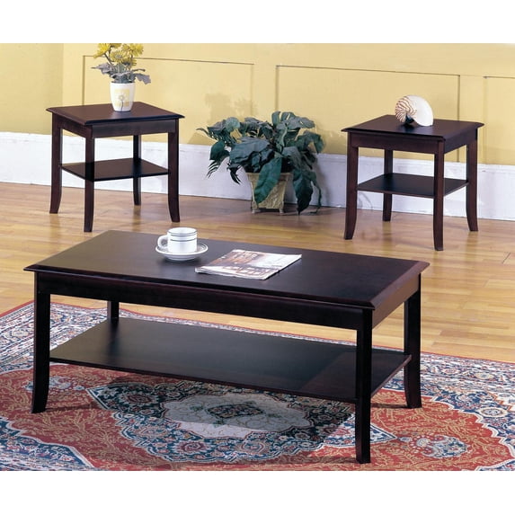 3 Piece Dark Cherry Wood Occasional Cocktail Coffee & 2 End Tables Set With Storage Shelf