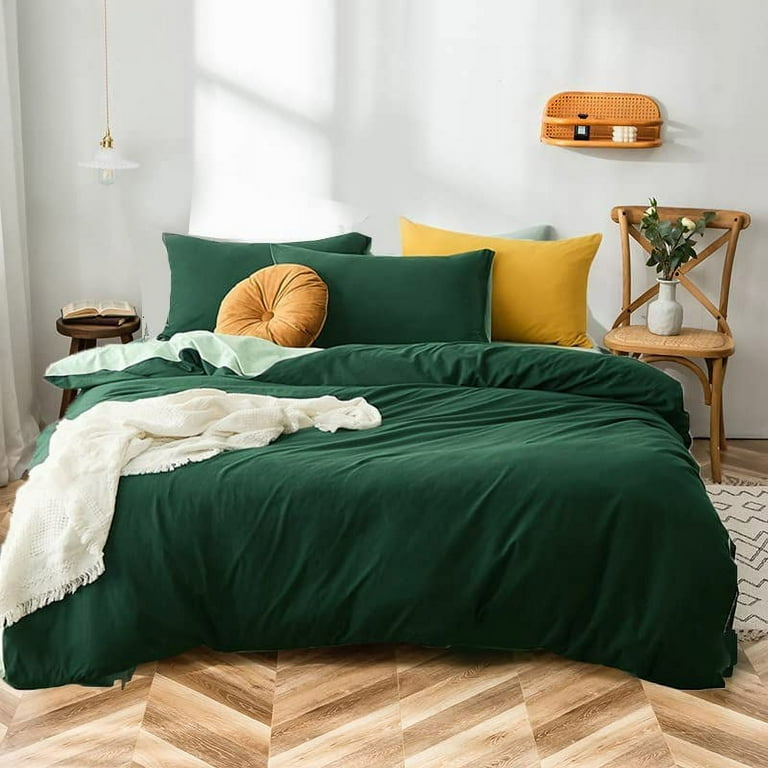 3 Piece Dark Green Duvet Cover Reversible Mint Green Bedding Set Ultra Soft Solid Color Quilt Cover with Pillowcases Full size