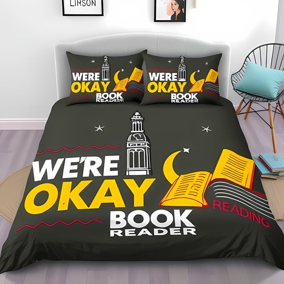 3-Piece Dark Green Duvet Cover Set with Playful Tower and Stars Design " We're Okay Book Reader " Text Includes Matching Pillowcases