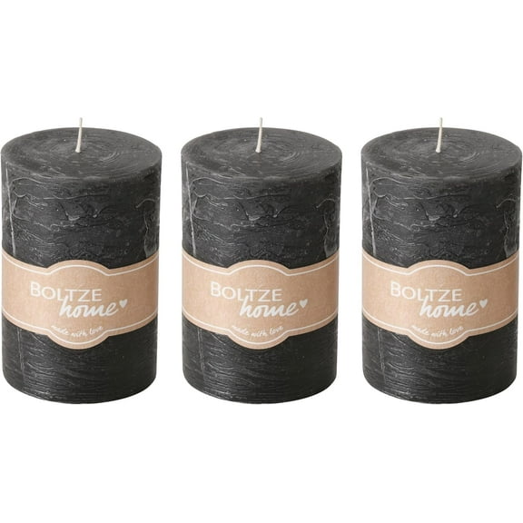 3 Piece Dark Grey Pillar Candle Set, 4 Inches Tall, 45 Hours Burn Time, Unscented, Marbled Surface