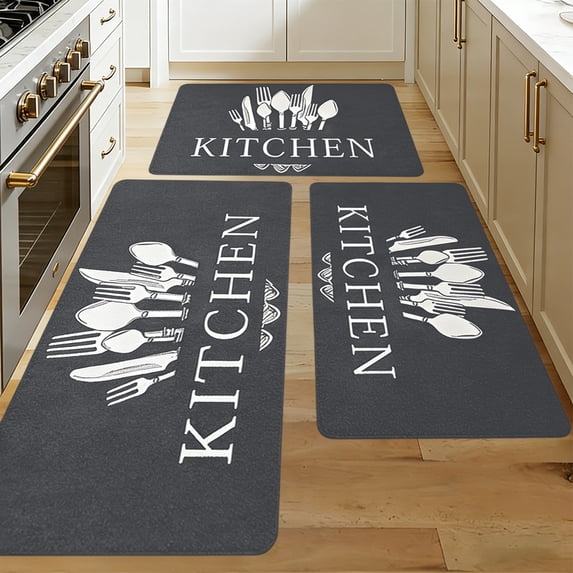 3 Piece Dark Kitchen Rug Set L Corner Carpet Mats Absorbent Non Slip Oil Resistant Machine Washable Floor Mats for Kitchen Cooking Area Living Room Home Decor Knife Fork Print