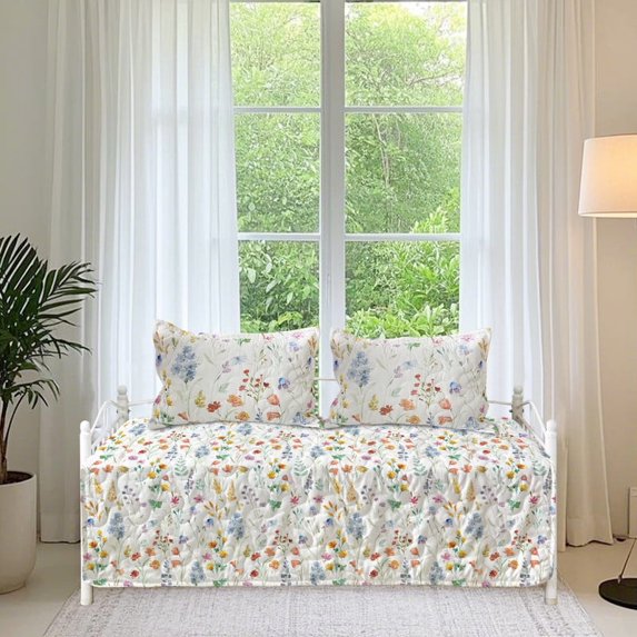 3-Piece Daybed Cover Set Floral Pattern- Soft Double Sided Quilting Comforter Bedspread with Geometric Print - 39"x75" Bedding Set for All Seasons with 2 Matching Pillow Shams