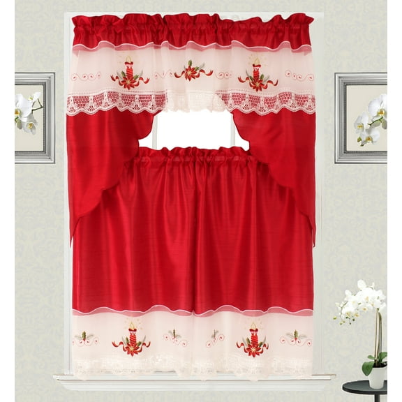 3-Piece Decorative Christmas Holiday Design Embroidered Holiday Candle macrame Kitchen Curtain Set Xmas Style