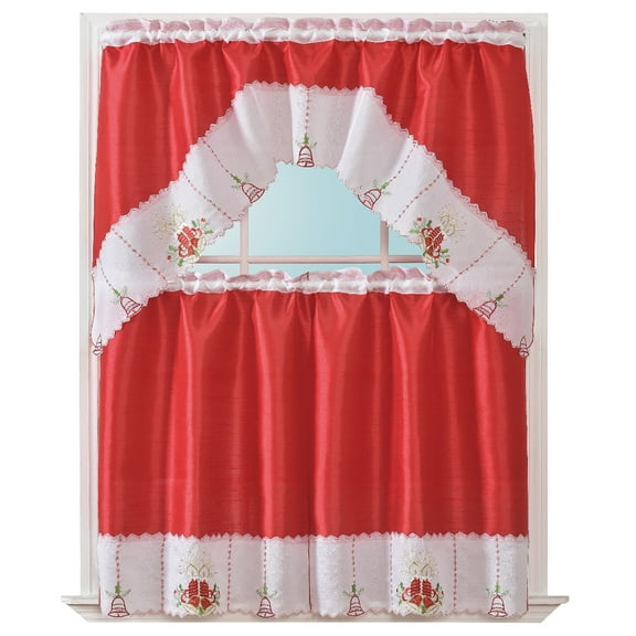 3-Piece Decorative Christmas Holiday Design Embroidered Royal Bell Kitchen Curtain Set Xmas Style