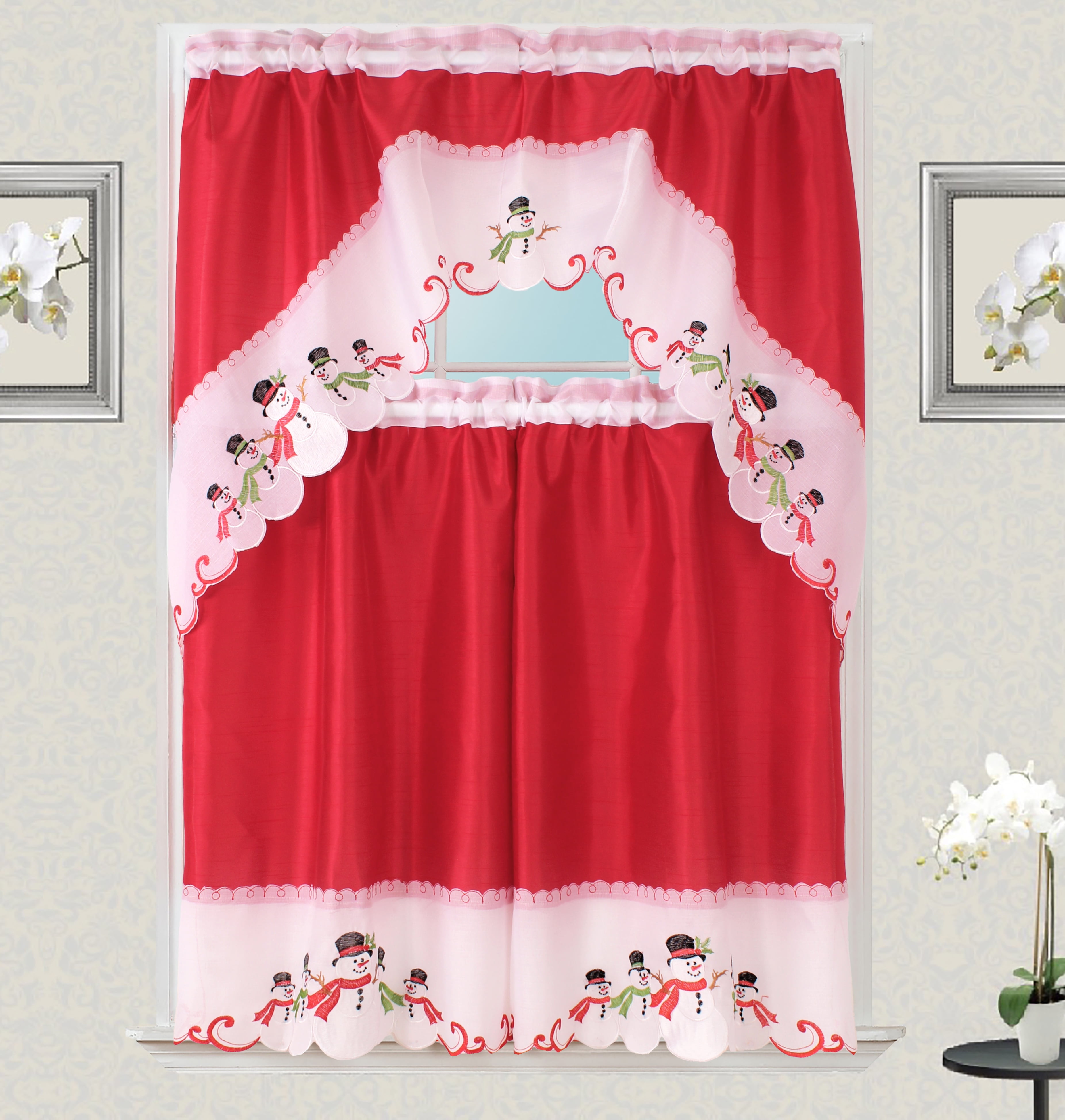 3-Piece Decorative Christmas Holiday Design Embroidered Snowman Kitchen Curtain Set Xmas Style