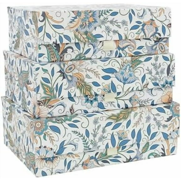 3-Piece Decorative Storage Boxes with Lids, Magnet and Ribbon, Plain White, Floral, Cardboard Paper Keepsake box Set, Photo Storage Box for Memory, Modern Stylish Home Decor