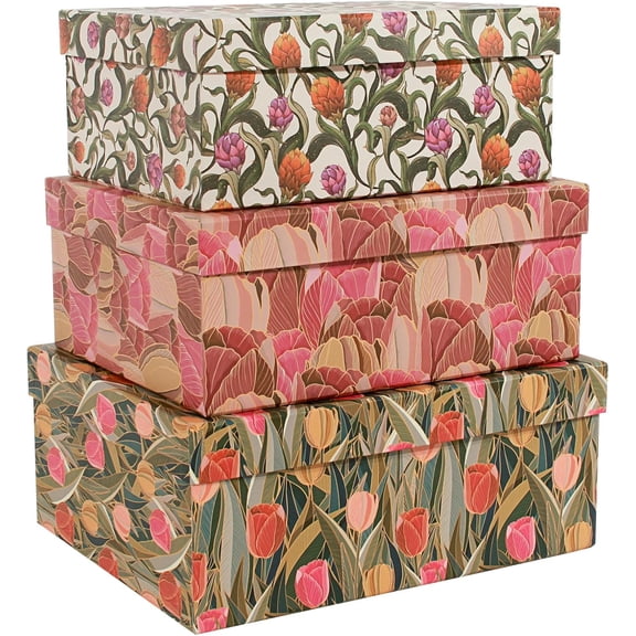 3-Piece Decorative Storage Boxes with Lids, Tulip Design, Vintage Floral, Cardboard Paperboard Keepsake box Set, Photo Storage Box for Memory, Home Decor, Modern Decoration Organizer
