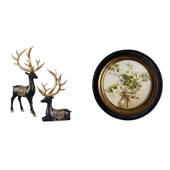 3 Piece Deer Sculpture Statue Resin Picture Frame European Vintage Design for Living Room Bedroom Tabletop Decor Display