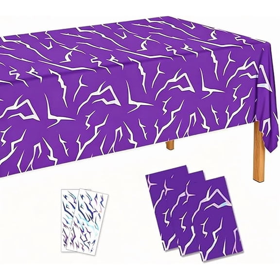 3 Piece Demon Theme Party Tablecloth 9 Ft Sparkling Laser Table Cover with 2 Demon Mark Tattoo Stickers Purple