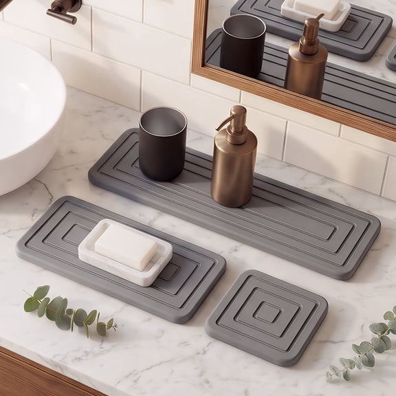 3-Piece Diatomaceous Earth Stone Tray Set – Fast Drying, Durable Material, Groove Design – Extra Large 11.8” + Large 7.9” + Square 3.9” – Kitchen/Bathroom Countertop Drying Pad, Gray