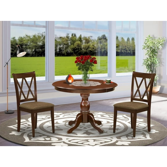 3 Piece Dinette Set with Round Table and Linen Chairs, Mahogany , 42x42 Inch