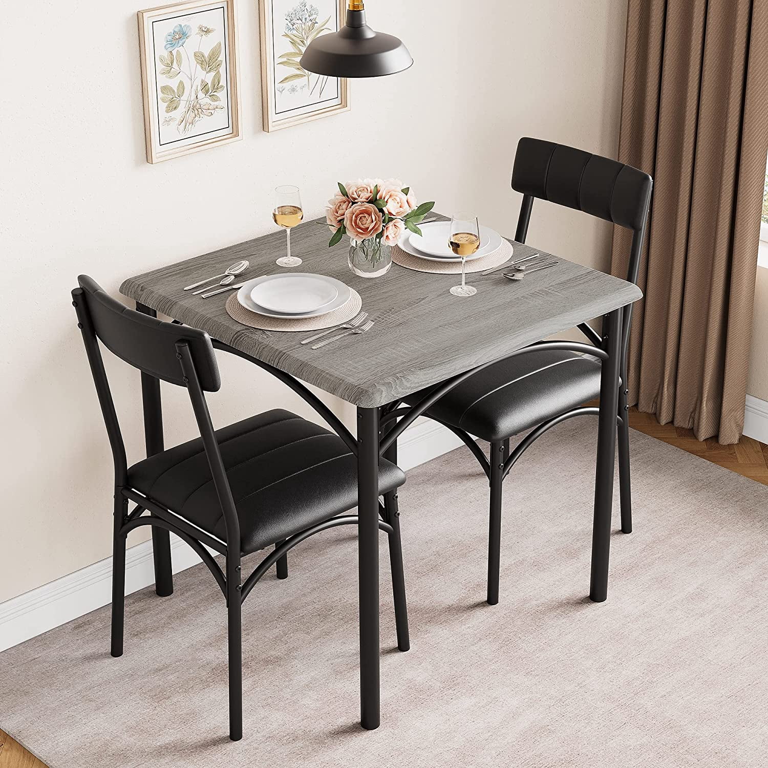 3-Piece Compact Dinette Set - Rustic Grey Metal/Wood Table & PU Cushion ...