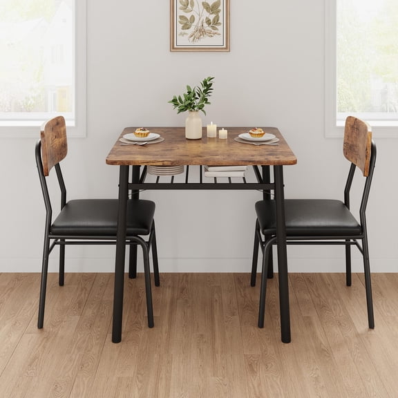 3-Piece Dining Room Set for Small Space, Square Dining Table with 2 Upholstered Chairs and Storage Rack, Brown