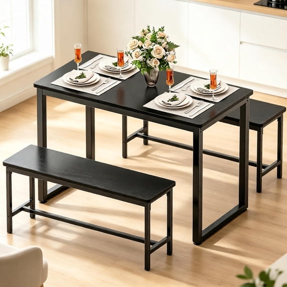 3-Piece Dining Room Table, Kitchen Dining Table Set with 2 Benchs for Apartment Breakfast Nook and Samll Space, Black