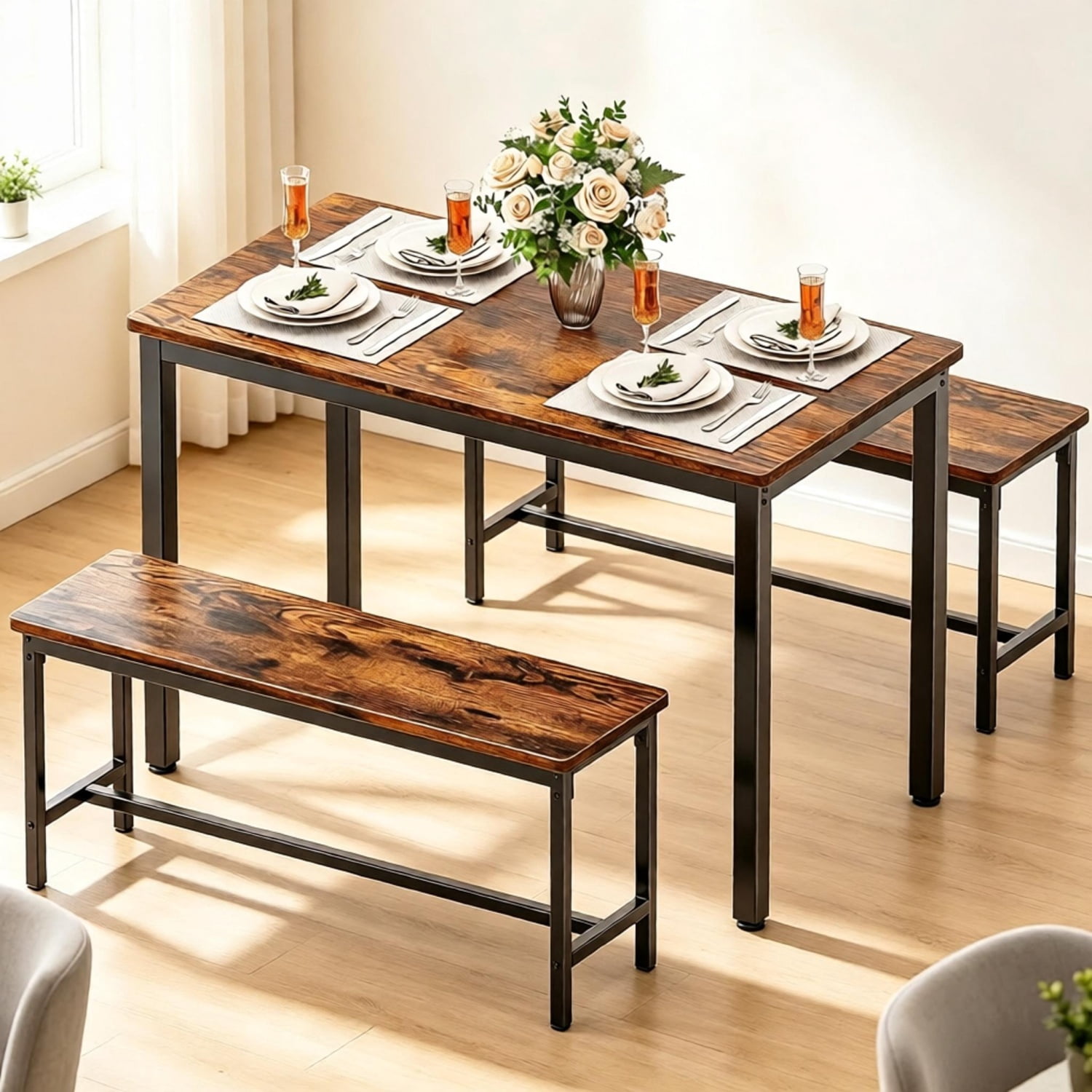 3 Piece Dining Room Table, Kitchen Dining Table Set with 2 Benchs for Apartment Breakfast Nook and Samll Space, Brown