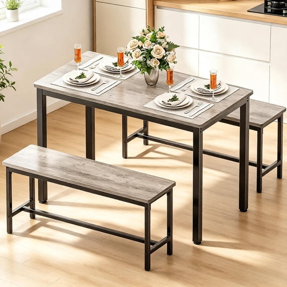 3 Piece Dining Room Table, Kitchen Dining Table Set with 2 Benchs for Apartment Breakfast Nook and Samll Space, Grey