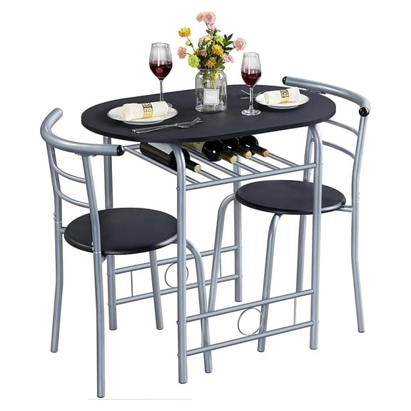 3-Piece Dining Room Table Set, Kitchen Table & Chair Sets for 2, Compact Table Set w/Steel Legs, Built-in Wine Rack for Breakfast Nook, Small Space, Apartment, Black, 31.5x21x29" (LxWxH)
