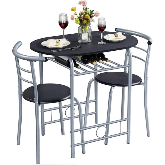 3-Piece Dining Room Table Set, Kitchen Table & Chair Sets for 2, Compact Table Set w/Steel Legs, Built-in Wine Rack for Breakfast Nook, Small Space, Apartment, Black, 31.5x21x29" (LxWxH)