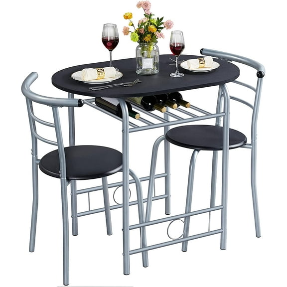3-Piece Dining Room Table Set, Kitchen Table & Chair Sets for 2, Compact Table Set w/Steel Legs, Built-in Wine Rack for Breakfast Nook, Small Space, Apartment, Black, 31.5x21x29" (LxWxH)