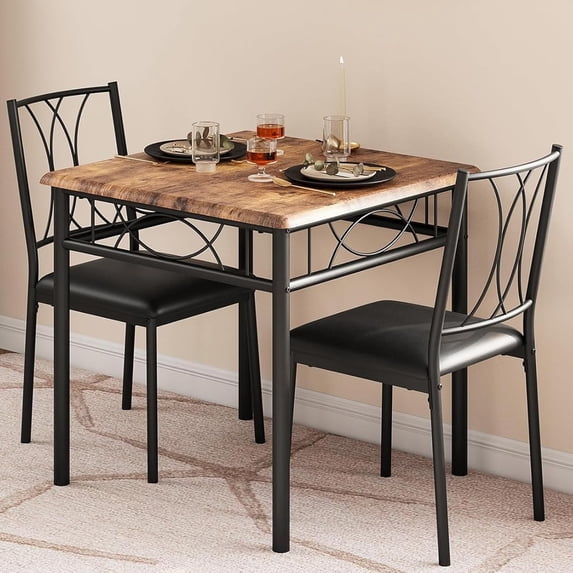 3-Piece Dining Room Table Set for 2, with 2 PU Leather Padded Chairs with Metal Frame for Small Space, Apartment, Kitchen