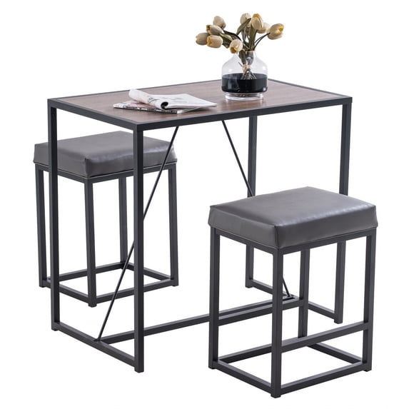 3 Piece Dining Room Table Sets, Industrial Kitchen Table and Chairs for 2, Upgrade Metal Frame, Modern Wood Tabletop Dining Table, Mid Century Breakfast Set with 2 PU Stools for Home, Walnut, Q17389