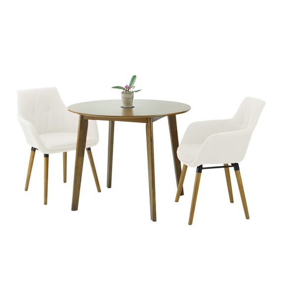 3 Piece Dining Set, 2 Modern Style Solid Wood Alba Armchairs w Round Dining Table, Kitchen Set for Two, Modern Armchairs and Round Table, Dining Table Set, Cream Color