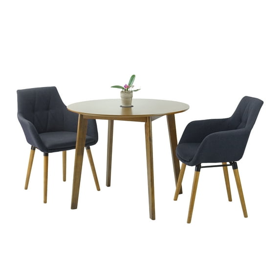 3 Piece Dining Set, 2 Modern Style Solid Wood Alba Armchairs w Round Dining Table, Kitchen Set for Two, Modern Armchairs and Round Table, Dining Table Set, Dark Gray Color