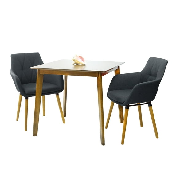 3 Piece Dining Set, 2 Modern Style Solid Wood Alba Armchairs w Square Dining Table, Kitchen Set for Two, Modern Armchairs and Square Table, Dining Table Set, Dark Gray Color
