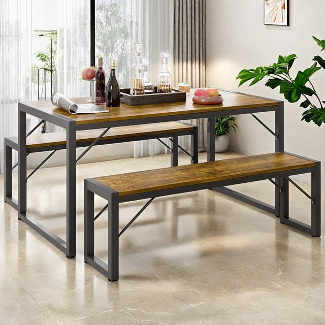 3 Piece Dining Set Wood Top Table & 2 Benches Kitchen Room Furniture