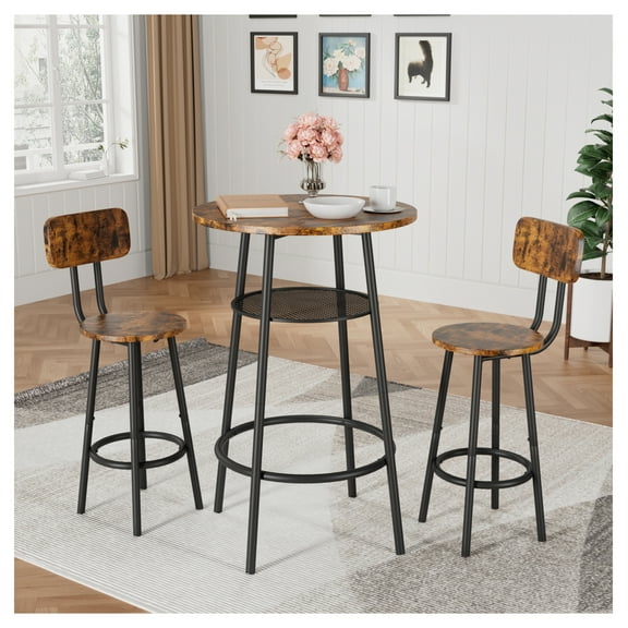 3-Piece Dining Set with 2 Bar Stools - Kitchen Counter Table Set - Farmhouse Style - MDF & Metal - Brown