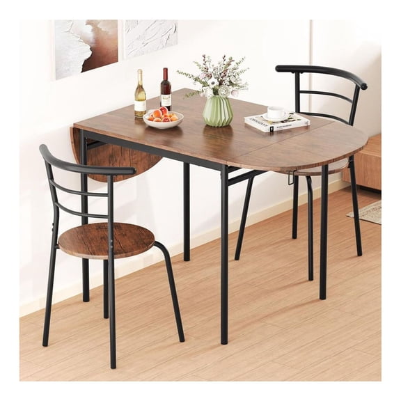 3 Piece Dining Set with Drop Leaf Table & Chairs for Small Space - Modern Kitchen Table Set for 2, Brown & Black