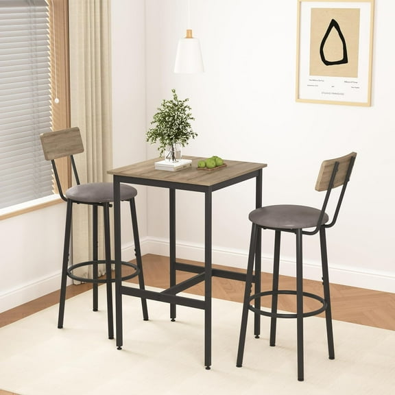 3-Piece Dining Table and Chairs Set for Kitchen, Square Bar Table and PU Stools Set for 2, Counter Height Coffee Table Set for Small Spaces Apartment, Grey