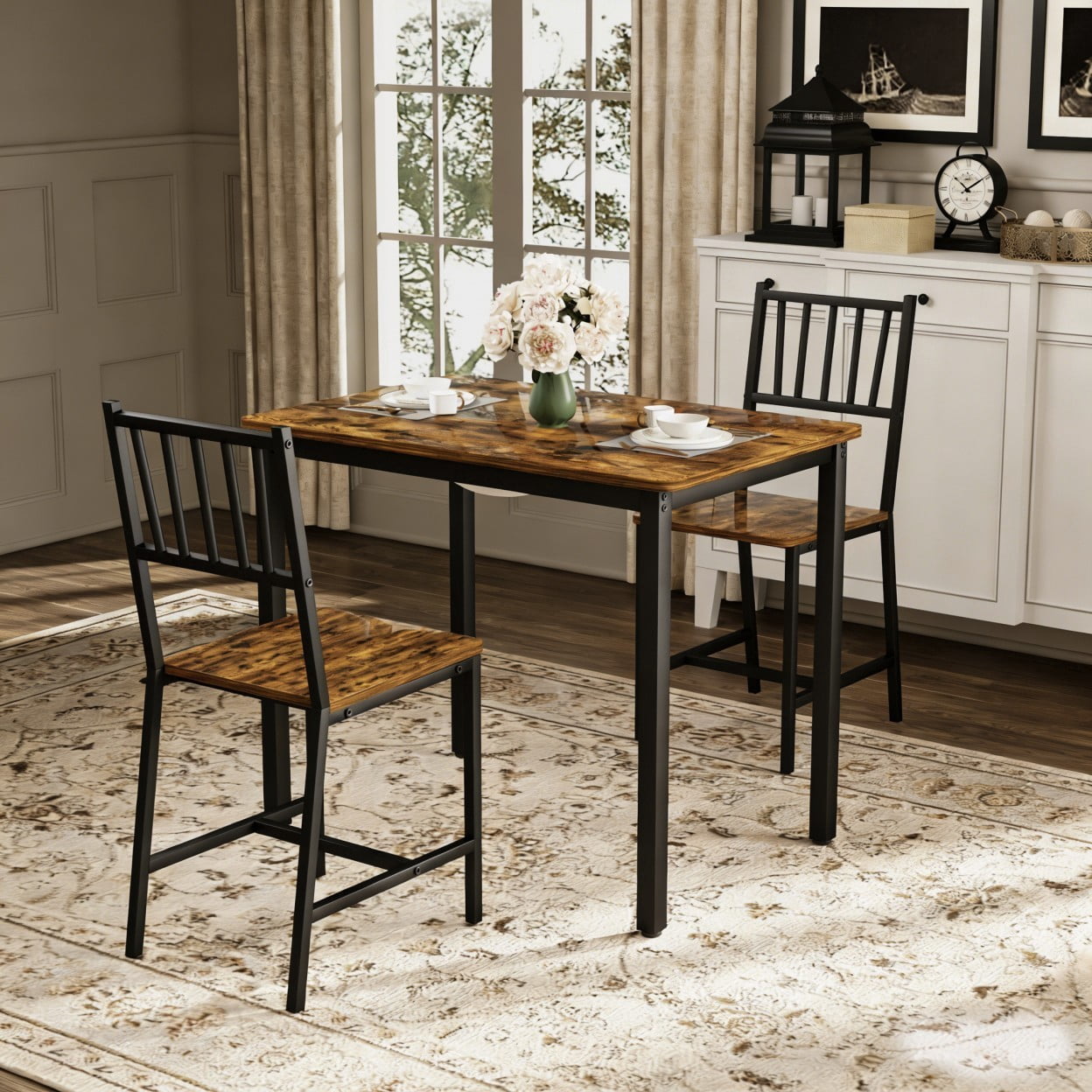 3 Piece Dining Table Set with 2 Chairs, Industrial Counter Height Kitchen Table Set, Breakfast Table for Small Space Dining Room Living Room, Rustic Brown