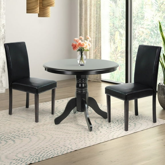3 Piece Dining Table Set, 2 Classic Style Solid Wood Falabella Upholstered Chairs w Pedestal Round Dining Table, Kitchen Room Set, Espresso Color