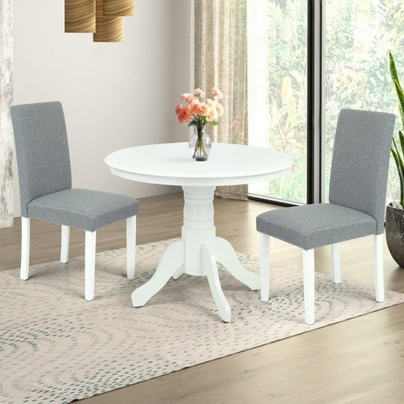 3 Piece Dining Table Set, 2 Classic Style Solid Wood Falabella Upholstered Chairs w Pedestal Round Dining Table, Kitchen Room Set, White Color