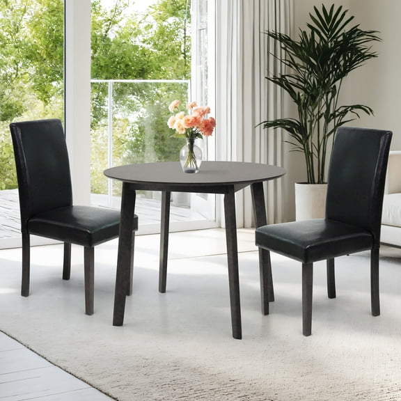 3 Piece Dining Table Set, 2 Classic Style Solid Wood Falabella Upholstered Chairs with Round Dining Table, Kitchen Room Set, Medium Brown Color