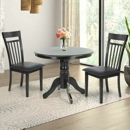 3 Piece Dining Table Set, 2 Classic Style Solid Wood Warm Chairs with Pedestal Round Dining Table, Kitchen Room Set, Espresso Color w PU Leather Cushions