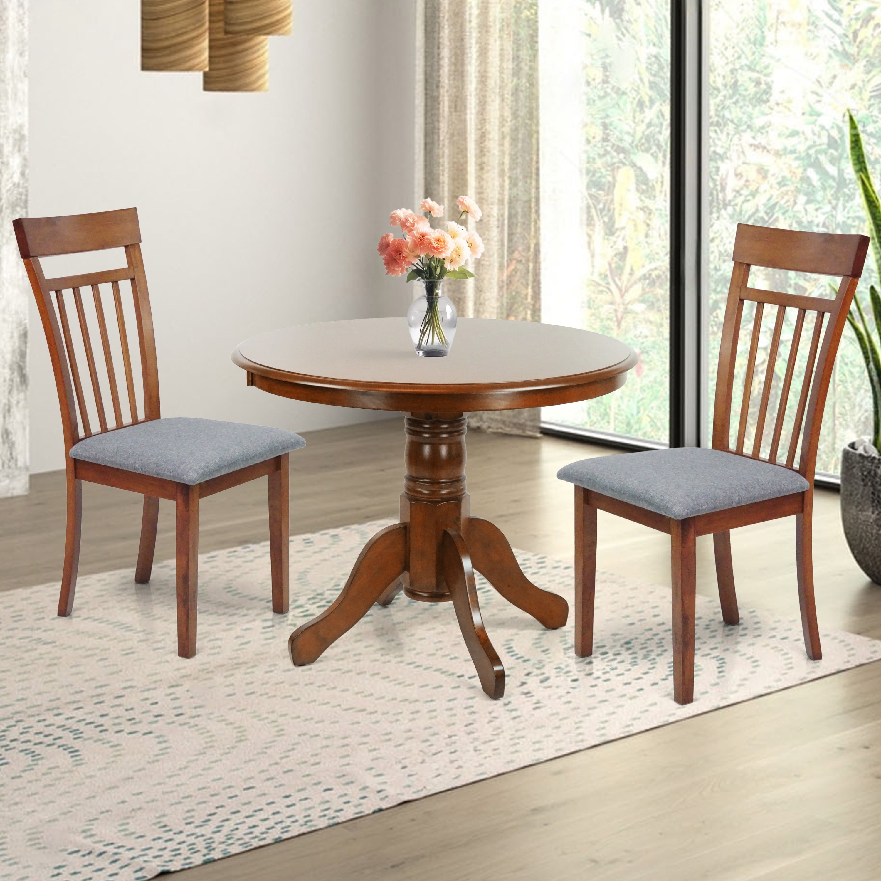 3 Piece Dining Table Set, 2 Classic Style Solid Wood Warm Chairs with ...