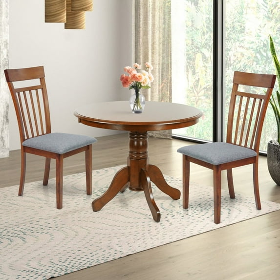 3 Piece Dining Table Set, 2 Classic Style Solid Wood Warm Chairs with Pedestal Round Dining Table, Kitchen Room Set, Medium Brown Color w Gray Cushions