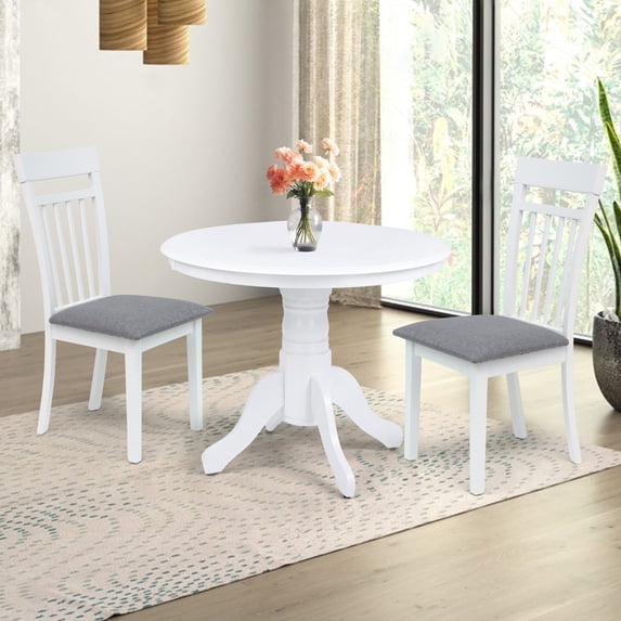 3 Piece Dining Table Set, 2 Classic Style Solid Wood Warm Chairs with Pedestal Round Dining Table, Kitchen Room Set, White Color w Gray Cushion