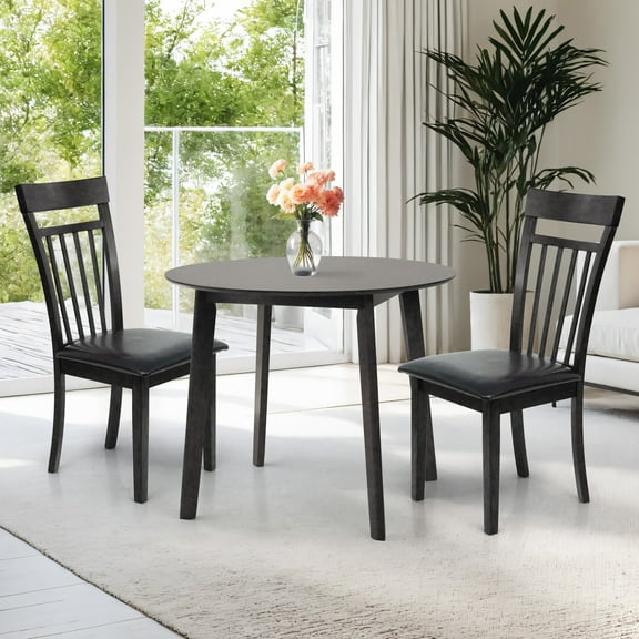 3 Piece Dining Table Set, 2 Classic Style Solid Wood Warm Chairs with Round Dining Table, Kitchen Room Set, Espresso Color w PU Leather Cushions