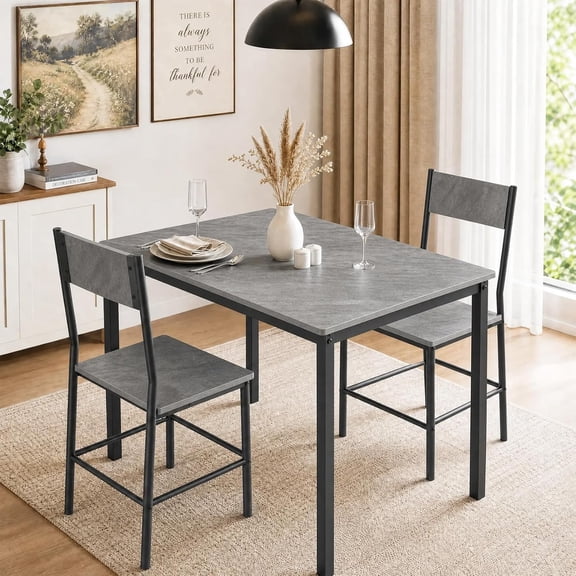 3 Piece Dining Table Set for 2, Compact Industrial Kitchen Table with Metal Frame and 2 Chairs, Space Saving Furniture for Apartments and Small Dining Room,Light Marble