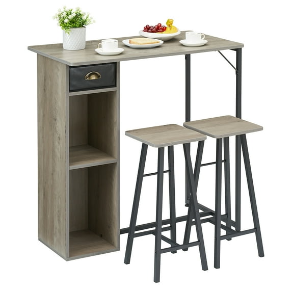 3 Piece Dining Table Set for 2, Industrial Bar Table and 2 Stools, Counter Height Island Table with Storage Shelves, Drawer, Small Kitchen Table and Chair Set for Dining Room
