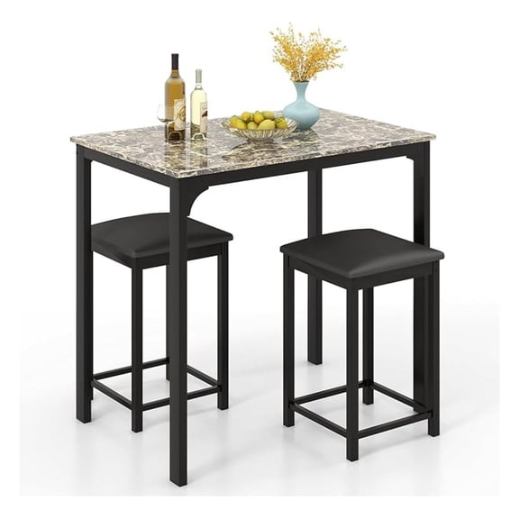 3-Piece Dining Table Set for 2, Kitchen Counter Height Table and Chairs Set with Faux Marble , Padded Stools, Modern Bar & Pub Table Set for Dining Room, Restaurant (Black & Beige)