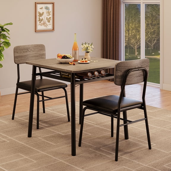 3-Piece Dining Table Set for 2 - Upholstered Chairs & Built-in Storage Rack - Sturdy Metal Frame - Space-Saving Dinette for Small Apartments, Breakfast Nook - Gray