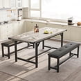 thumbnail image 1 of 3 Piece Dining Table Set for 4-6, 63" Extendable Kitchen Table and Bench Set for 6, Metal Frame Rectangle Kitchen Table Set with 2 Upholstered Benches for Dining Room, Apartment, Retro Gray, 1 of 6